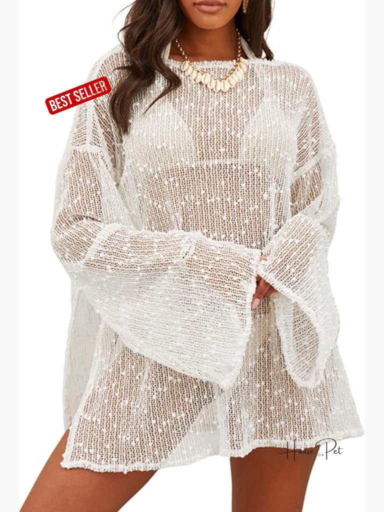 Crochet Sheer Kaftan Beach Dress Swim Coverup Long Sleeve Loose Fit